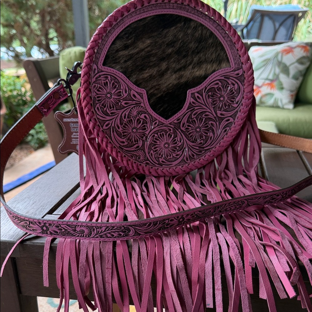 Pink Fringe Canteen Leather Bag with Cowhide inserPLUS a matching coin purse NWT